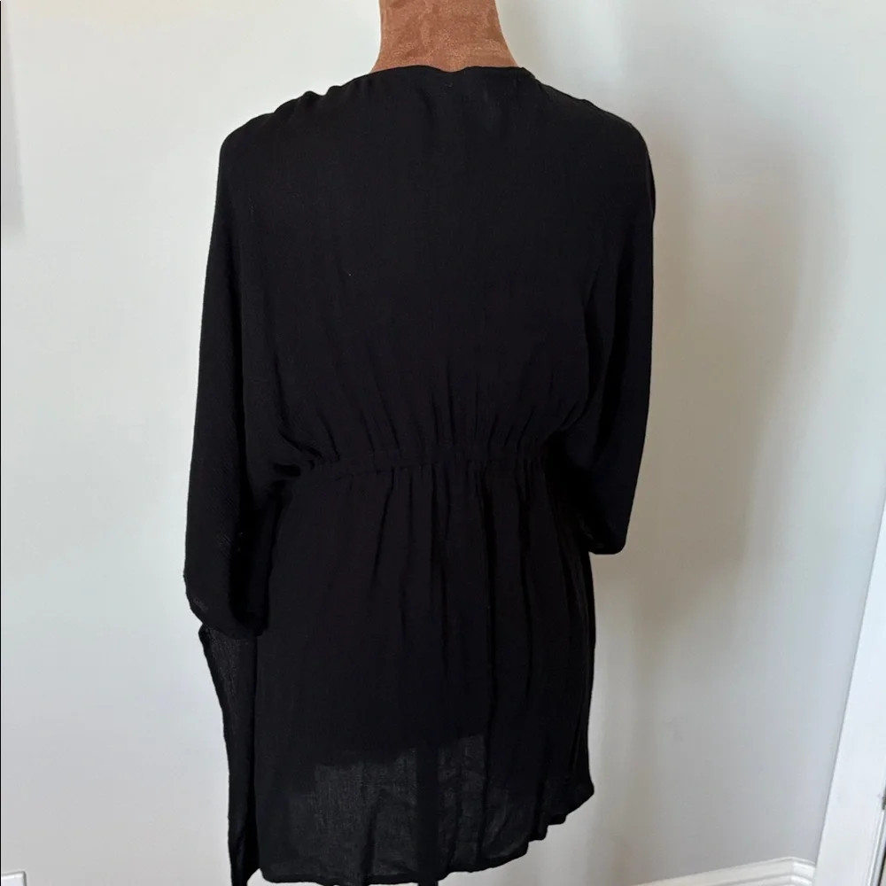 Elan Black Crochet Trim Beach Cover Up Kimono Boho Flowy Tunic Tassel Tie Small